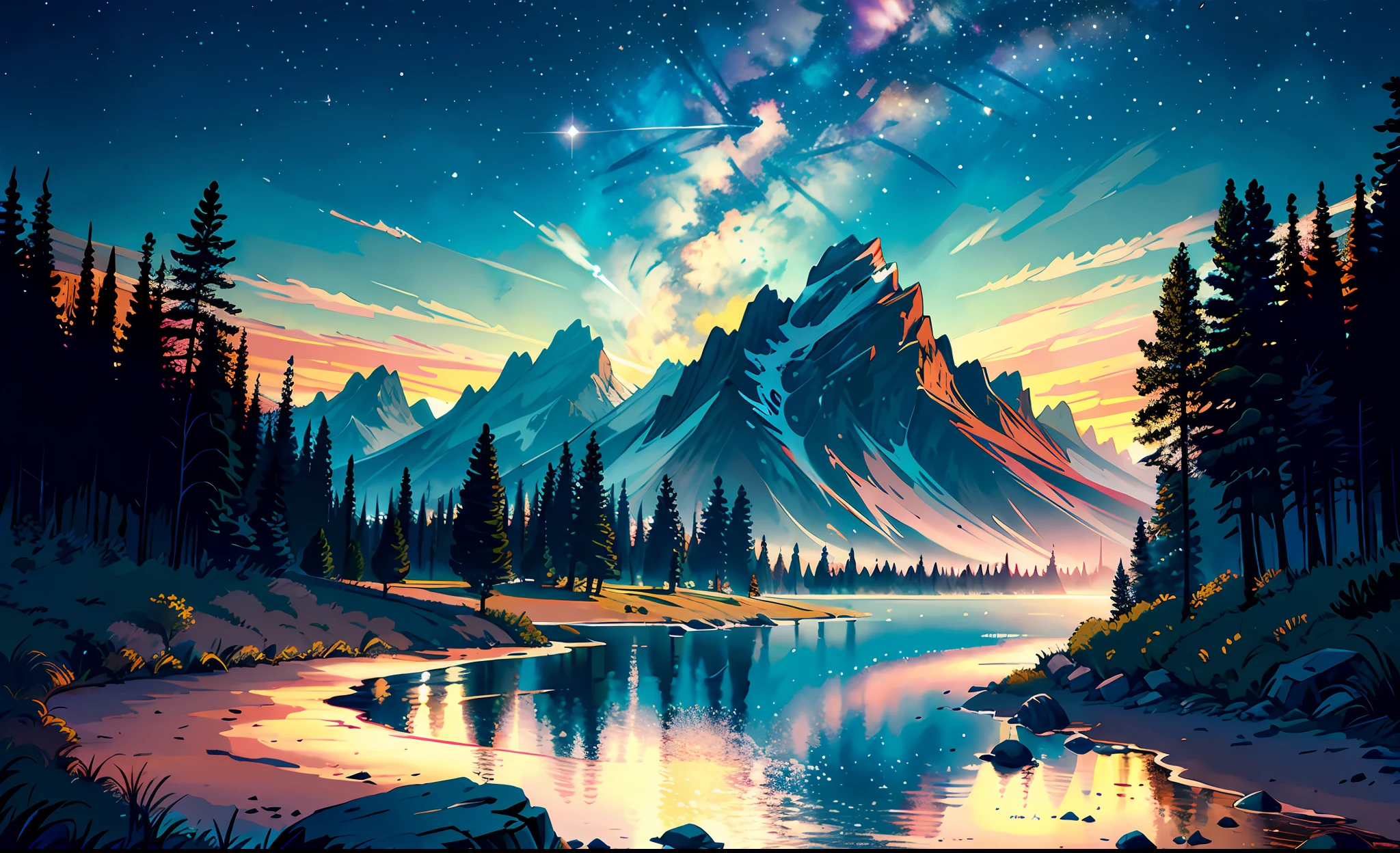 EXtparameters Loving Worried Grand Teton National Park, Stars in the sky, islandpunk, studio lighting, fluorescent details, (masterpiece, top quality, best, official art, beautiful and aesthetic:1.2),