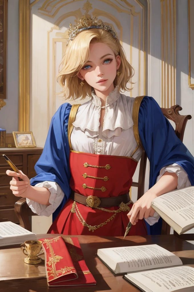 (Masterpiece: 1.2, Best Quality), Realistic, (Realistic Picture, Complex Details, Depth of Field), Best Quality, Masterpiece, Highly Detailed, Semi Realistic, 1 Girl, Mature, 21 Years Old, Blonde, Shoulder Length Short Hair, Long Mao left eye, blue eyes, royal clothes, red cloak, slim figure, gold crown, reading document, marking document, quill pen, desk, soft stool, palace, palace, palace medieval