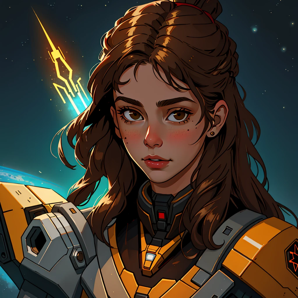 masterpiece, best quality, realistic, ultra detailed, sfw, head shot, a portrait of a young woman, starsector, sci-fi style suits, hight-tech gadgets, head facing right, brown hair, dark brown eyes, one person, white skin, dark brown eyes, mole on the cheek, long hair
