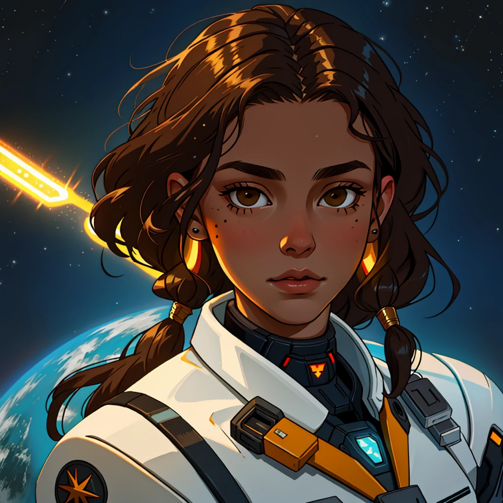 masterpiece, best quality, realistic, ultra detailed, sfw, head shot, a portrait of a young woman, starsector, sci-fi style suits, hight-tech gadgets, head facing right, brown hair, dark brown eyes, one person, white skin, dark brown eyes, mole on the cheek, long hair, light skin, long hair, tomboy, thin eyebrows