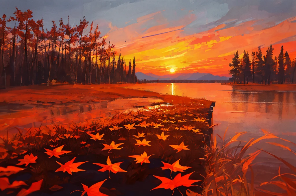 masterpiece,best quality,lycoris,flower field,depth of field,dusk,orange sky,sunset,glow,lake,autumn,maple,fallen leaves