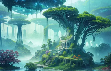 Masterpiece, High Quality, Ocean Forest, City, Fantastic Fantasy, Glowing Plants, Coral Viaduct, Fish with Transparent Wings Fly...