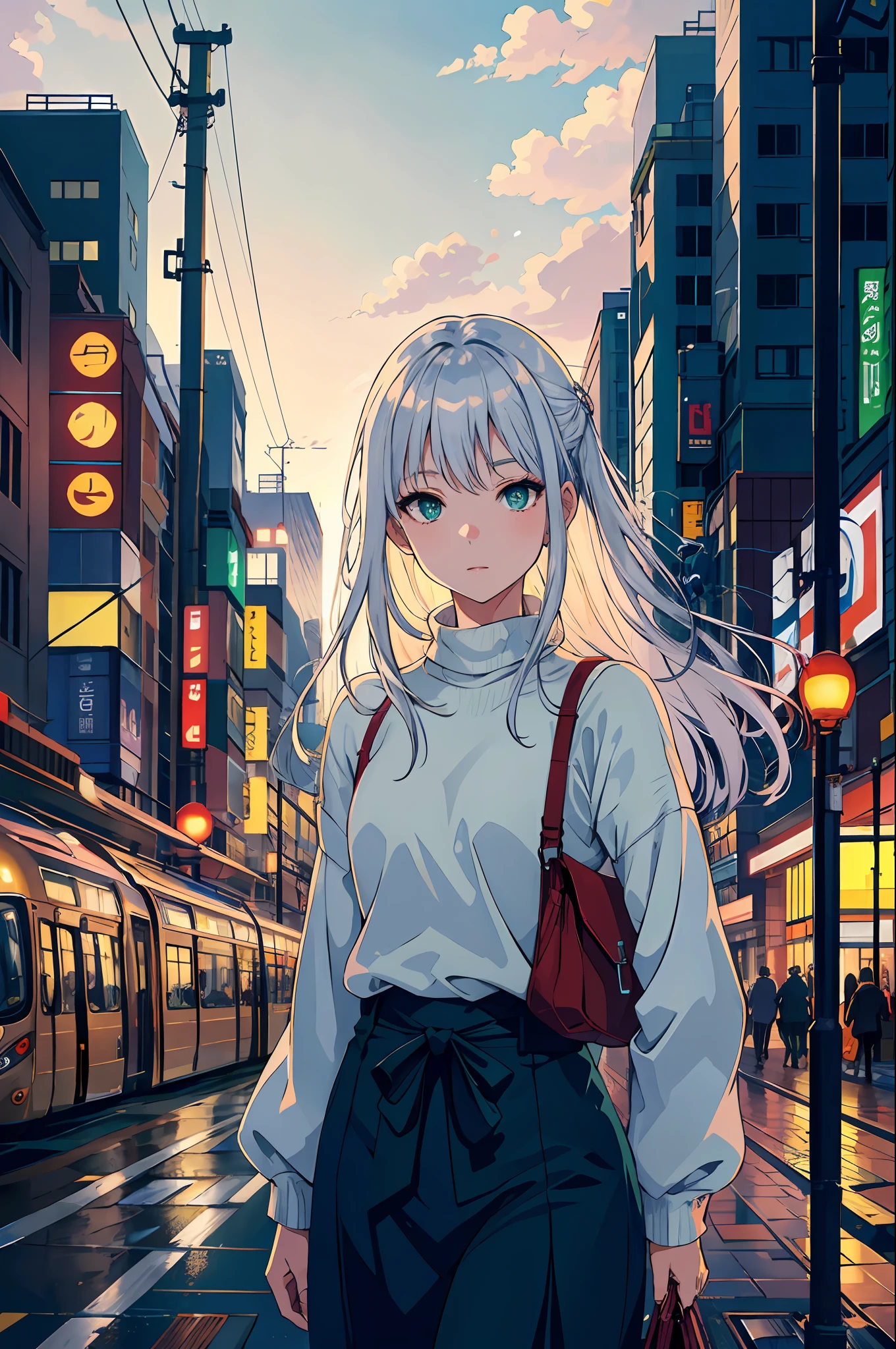 japan, high resolution, highest quality, illustration, ultra detailed, (detailed face), (detailed eyes), soft lighting, best quality, misty glow, dreamy atmosphere, hyper detailed, masterpiece, 1 girl, solo, silver hair, green eyes, knitwear, bright eyes, medium chest, (colored), cowboy shot, outdoors, evening, clouds, high rise buildings in background, industrial, public transportation, urban, buildings concrete, concrete, sidewalk, busy, trees, autumn, falling leaves,