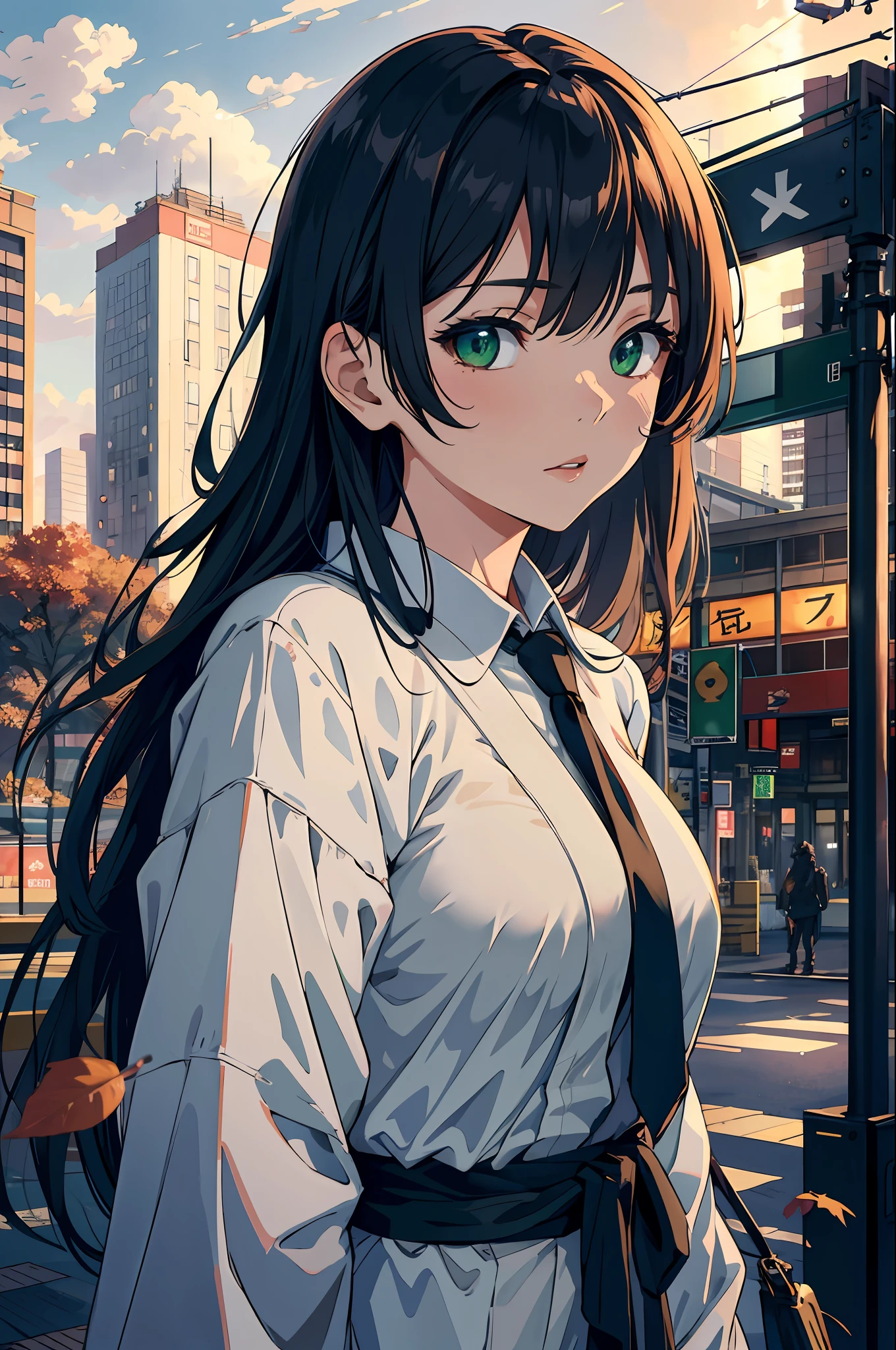 japan, high resolution, highest quality, illustration, ultra detailed, (detailed face), (detailed eyes), soft lighting, best quality, misty glow, dreamy atmosphere, hyper detailed, masterpiece, 1 girl, solo, long hair, green eyes, full breasts, scantily clad, outdoors, evening, clouds, high rise buildings in background, industrial, public transportation, urban, concrete buildings, sidewalk, busy, trees, autumn, falling leaves,