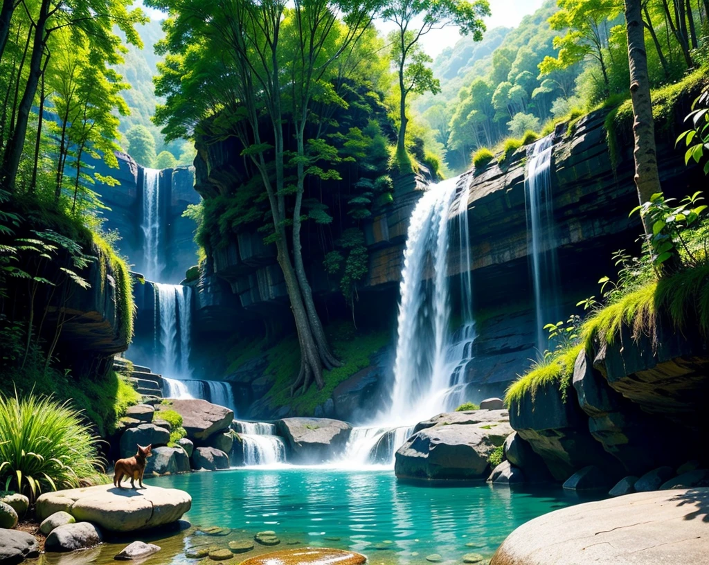 (a surrealistic landscape, vibrant colors), an animated scene, a dog playing in the waterfall, deep in the forest, crystal clear water, dense foliage, focused on the dog and waterfall, with limited depth of field.