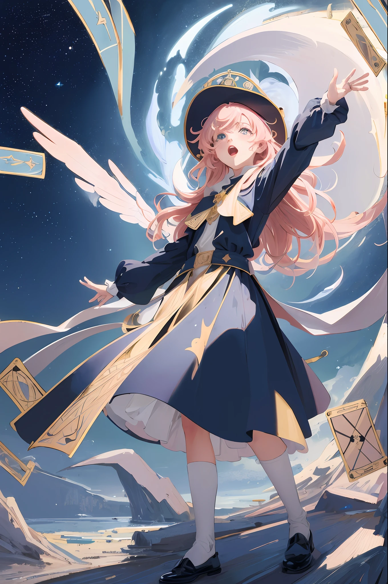 ((masterpiece:1.2, best quality)), boy, solo, (witch&#39;s hat), light pink hair, long hair, dress, aurora, night, stars (sky), gloves, sky, blue dress. , night sky, open mouth, starry sky blue eyes ribbon short hair red dress smile hair ribbon cloak blue hair (bird) magic spell dark clouds night (impressionism:1.4 ), (Tarot cards:1.3) , Alphonse Muya,