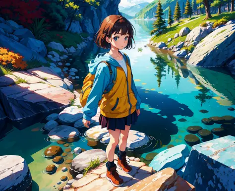 a girl, behind a rock, standing