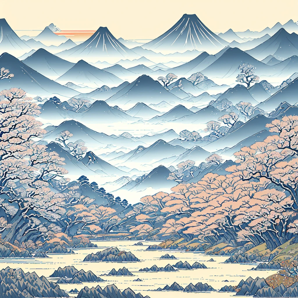 masterpiece, best quality, landscape, no people, Hokusai&#39;s landscape, trees, river, bushes, flowers, sunset, mountains in the background