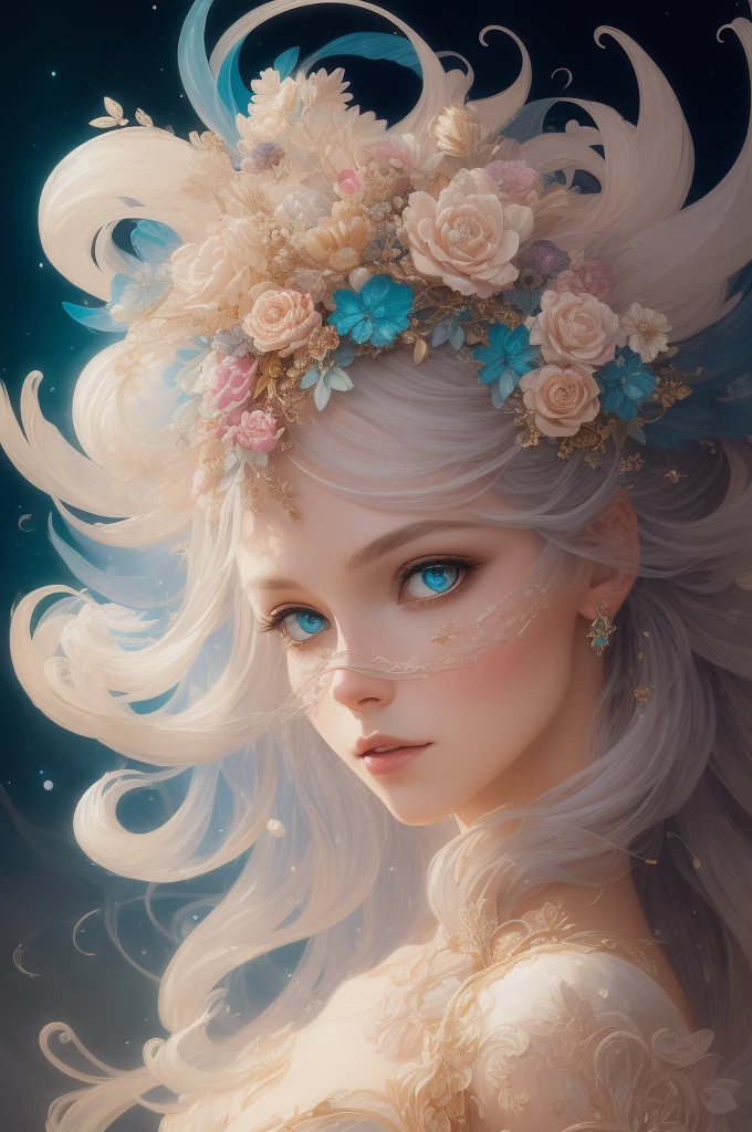 ((gorgeous princess)), one person, long flowing white hair, (bright and beautiful eyes), trending on Art Station, Flower of Hope by Jean-Honor Fragonard, Peter mohrbacher, super detailed, crazy details, Stunning, intricate, elite, art nouveau, ornate, liquid wax, elegant, luxurious, Greg Rutkowski, ink style, sticker, vector art beautiful character design, double exposure shot, luminous design , winning entry, masterpiece, amoled black background,