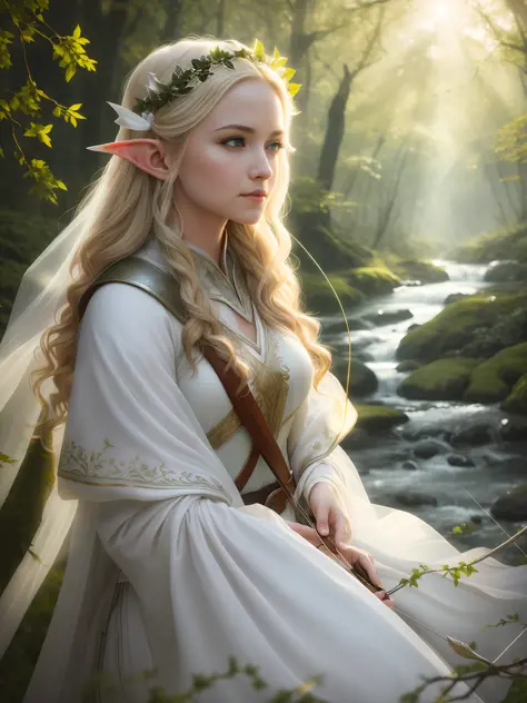 epic closeup photo portrait, amazing movie poster, A beautiful young woman elf, lord of the rings style, dressed in long brightn...