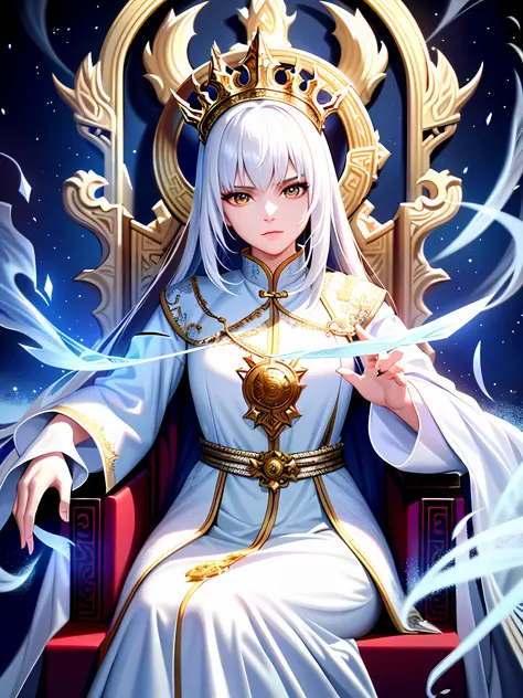 young female king, deep focus, realistic, fantasy, intricate, white hair, ice mage, wearing white chinese dragon robe, sitting o...