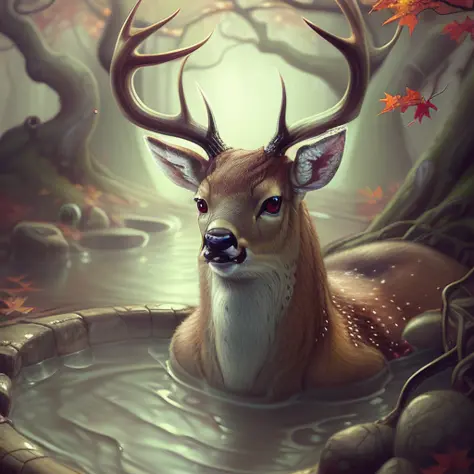 (illustration beautiful by apterus:1.2), terrifying deer, traditional japanese forest with ((hot springs)), falling leaves, autu...