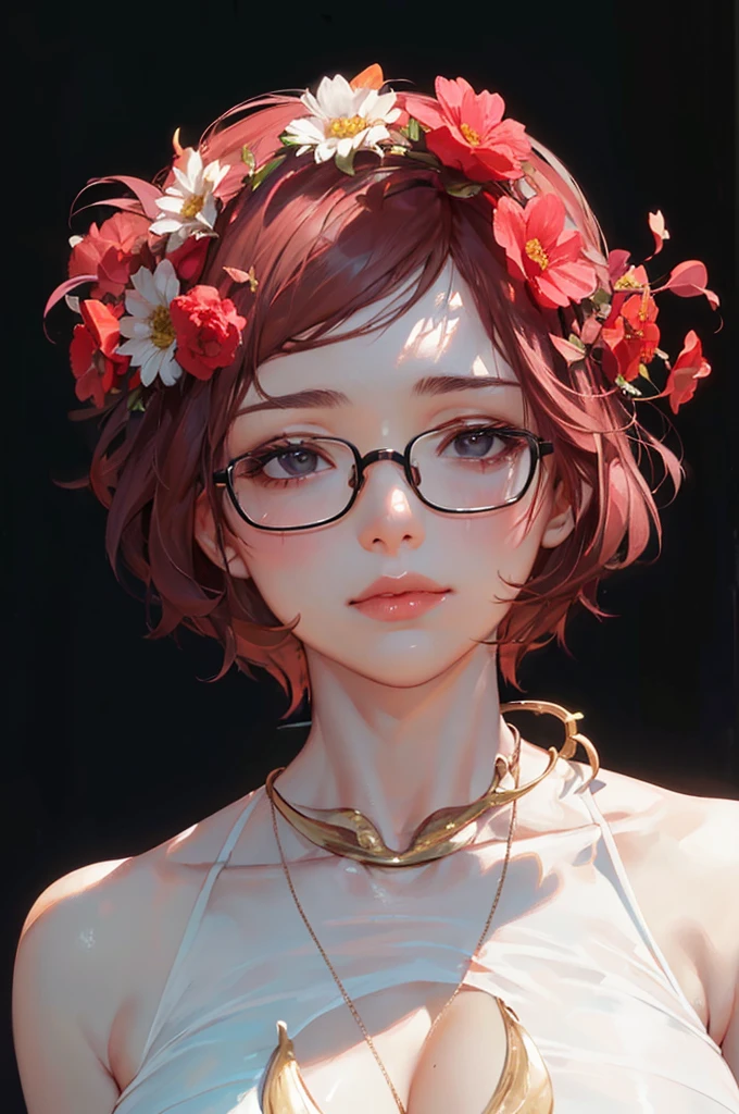 Detailed portrait of a beautiful young woman with half-rim glasses, (raw photo:1.2, masterpiece, superb, 8k resolution, best quality, finely detail, photorealistic: 1.2), ((perfect female body)) , Delicate face, smooth wine red short hair, detailed black eyes, red delicate thin lips, calm, light smile, (delicate high-detailed face: 1.2, high-detailed skin: 1.3, glossy skin: 0.8), sexy Yes, slim body, clavicle, bare shoulders, small bust, cleavage, (nipple:1.2), (cameltoe:1.5), (sleeveless round neck white T-shirt, see-through clothes), fashionable gold-rimmed glasses, (necklace: 1.6), front face, looking at the camera, portrait, realistic light, realistic shadow, film lighting, park, path, flowers, kiosk