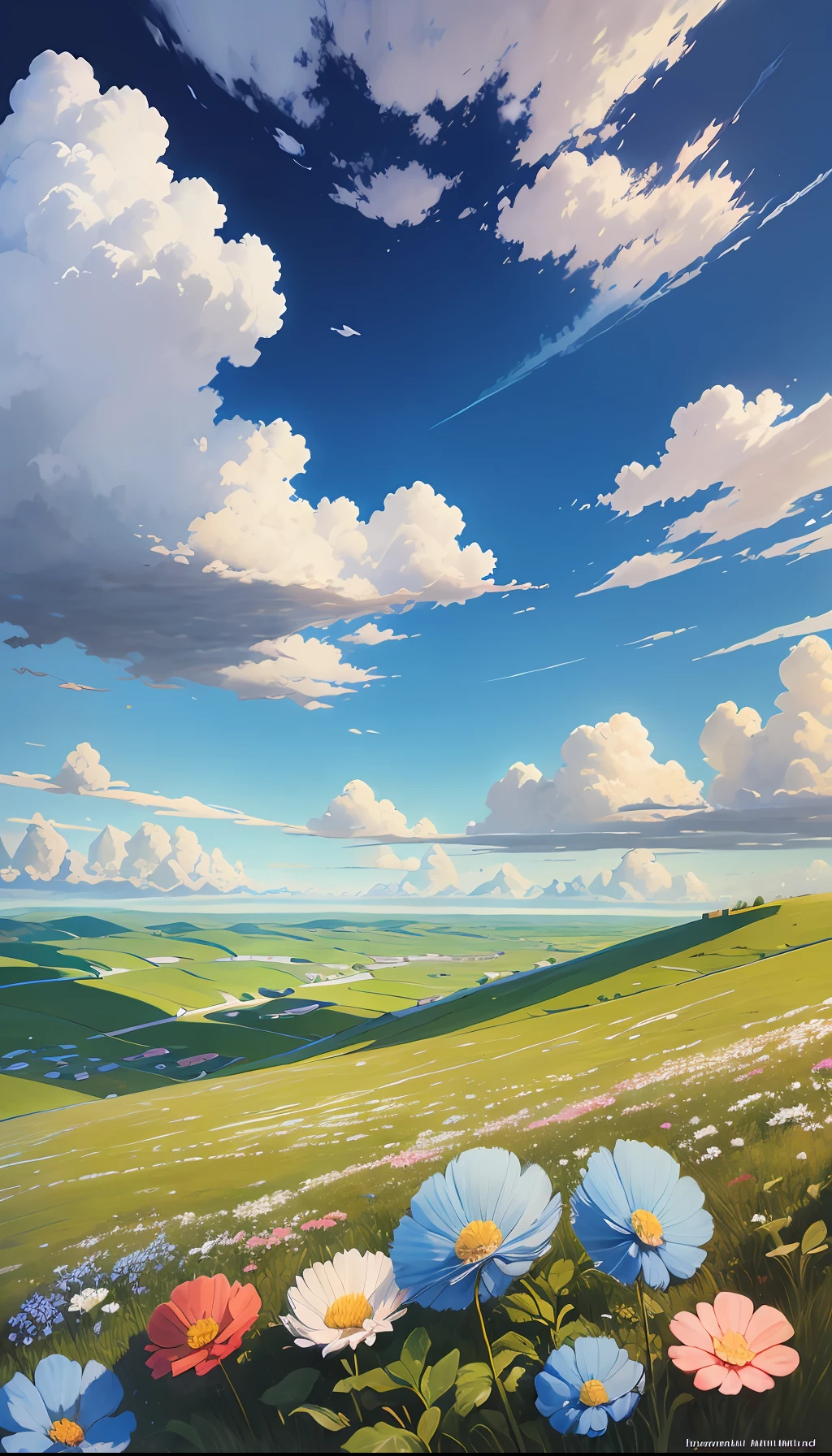 A painting of a field with flowers and clouds in the sky - SeaArt AI