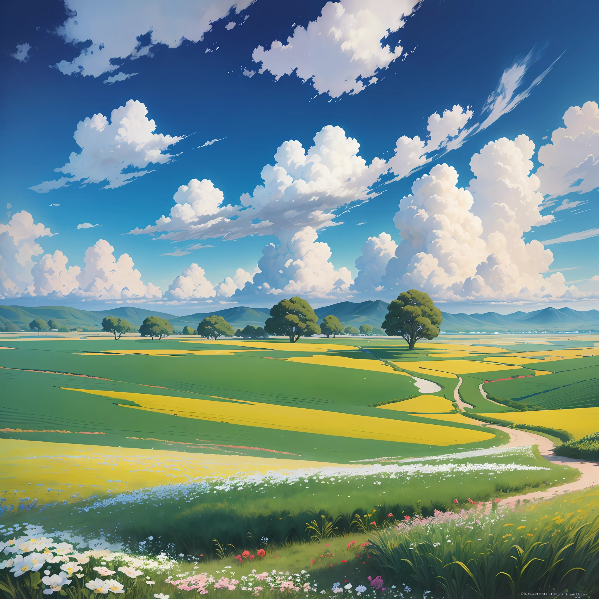 Anime landscape with a road and a field of flowers - SeaArt AI