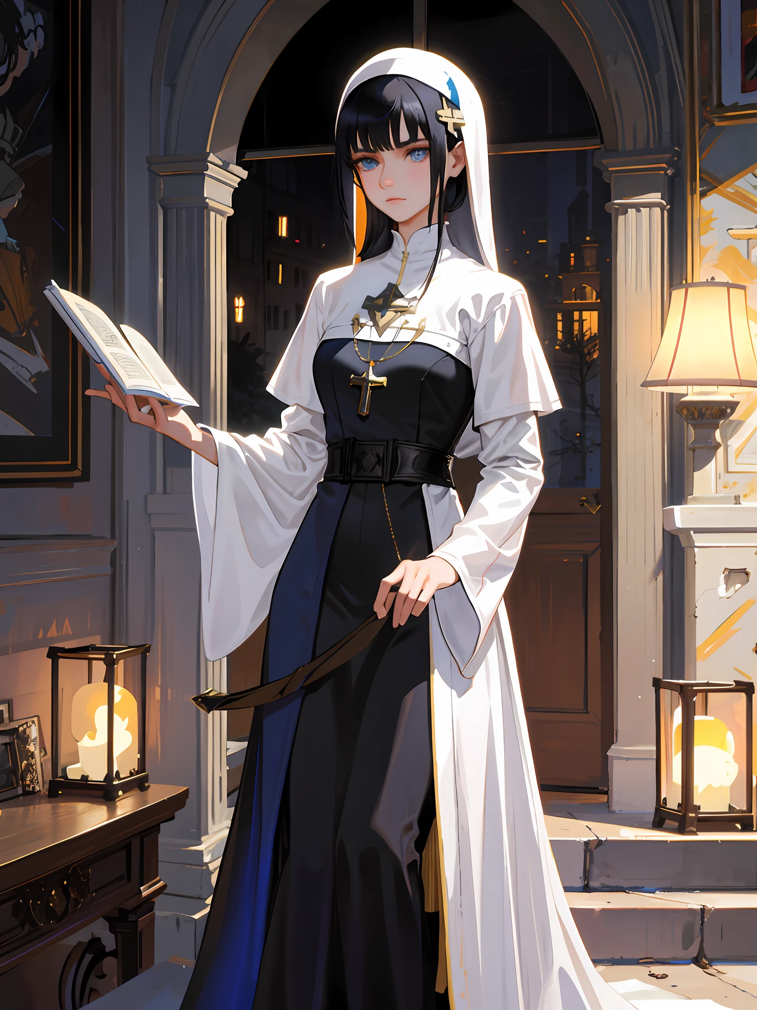 Anime girl in a white robe holding a book in a room - SeaArt AI