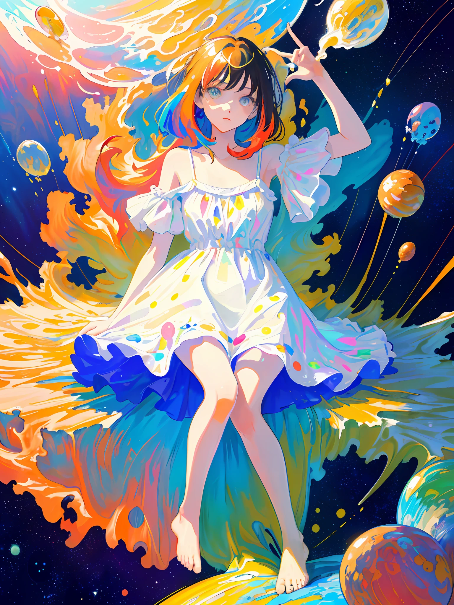 (masterpiece, best quality: 1.2), (super detailed), (illustration), wallpaper, original, 1girl, messy (((color and dynamic))) hair, spaghetti straps, white dress, bare legs, bare feet, light arm, space, earth background, low earth orbit, full body, , (surrounded by colorful splashes and dots), colored bubbles, (shiny)