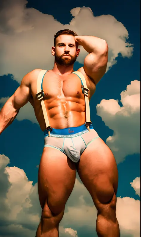 Masterpiece, best quality, high resolution, realistic, a gay naked man in white suspenders, made of dark clouds in the sky, looking at the viewer, short hair, chest hair, armpit hair, bearded face, looking at the viewer, big pecs, muscles Well developed ch...