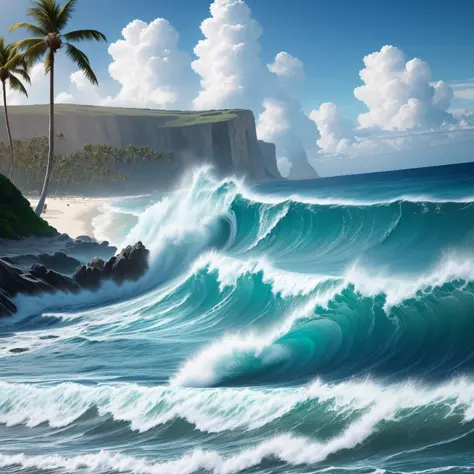 Ocean waves crashing on the beach with palm trees, breezy background, ocean background, background art, background artwork, wild...