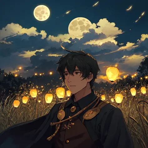 Masterpiece, best quality, night, hills, clouds, full moon, man, silhouette, fireflies.