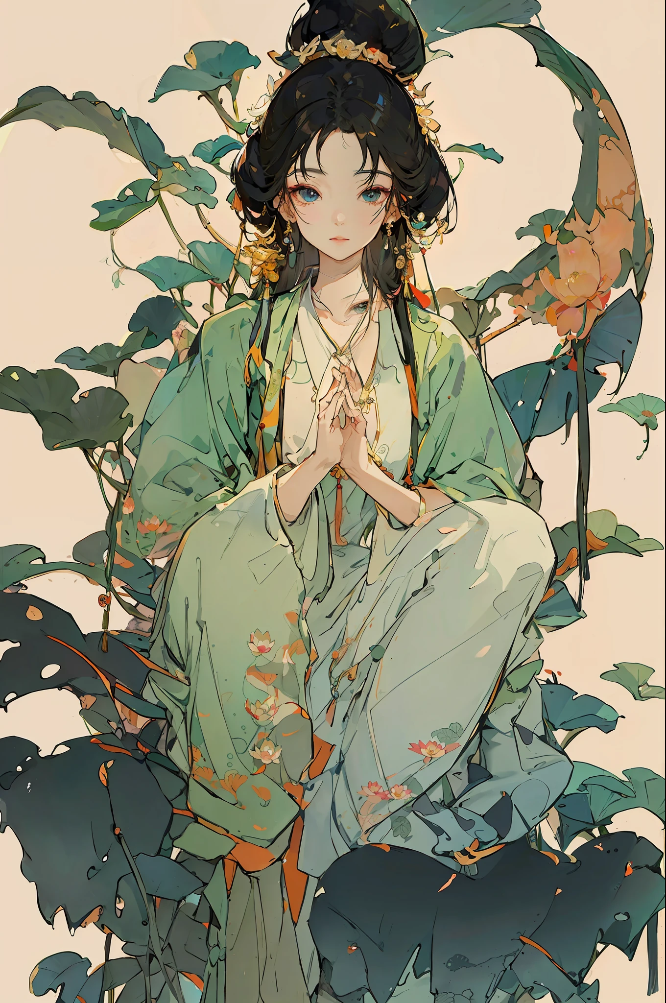 An ancient Chinese beauty sitting on a stone, wearing ancient Chinese clothing, flowing tulle, light silk, lazy posture, large lotus leaf, lotus, ink painting style, clean color, decisive cutting, blank, freehand, masterpiece, super detailed, epic composition, high quality, the highest quality, 4k --v 6