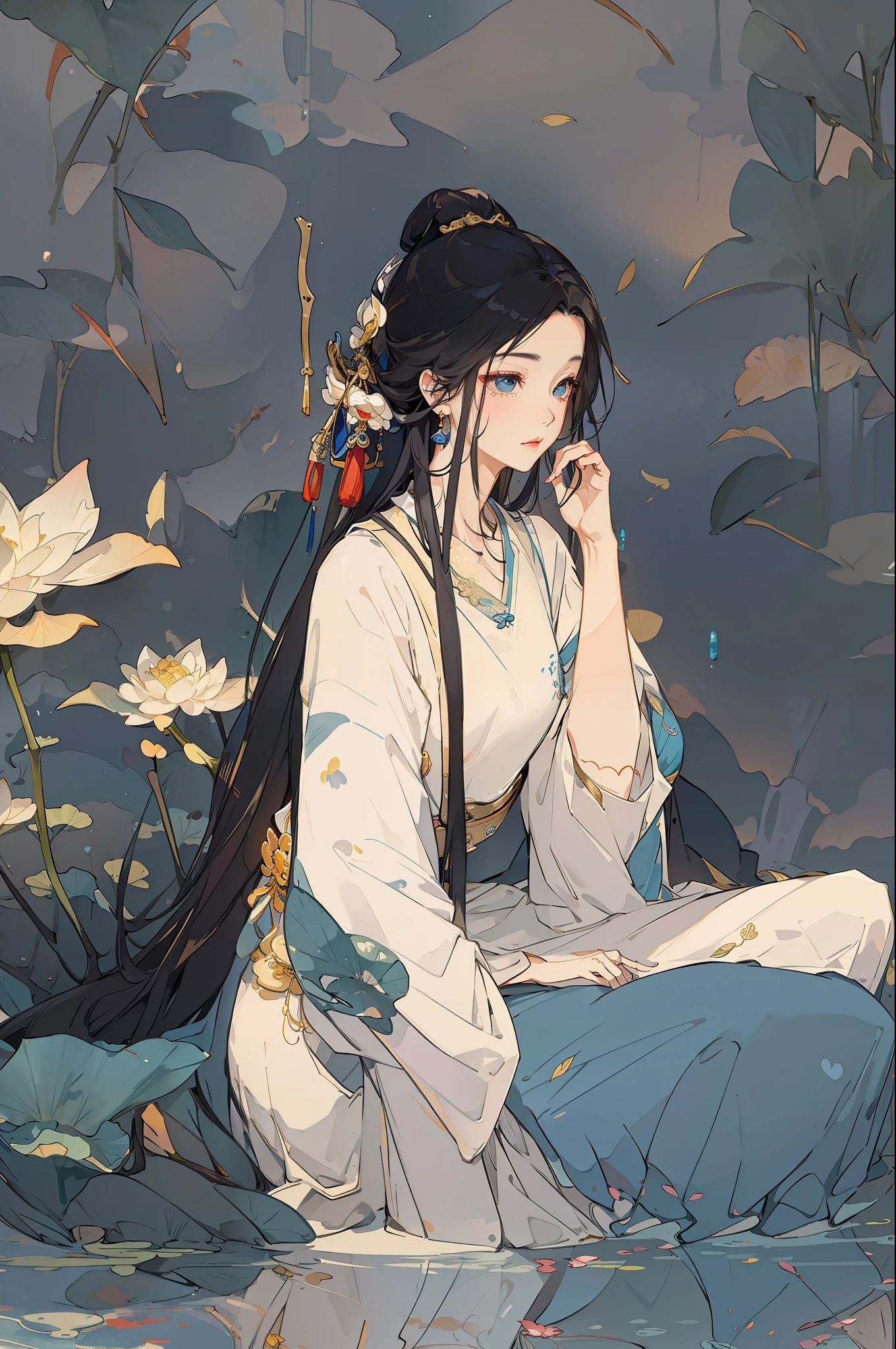 An ancient Chinese beauty sitting on a stone, wearing ancient Chinese clothing, flowing tulle, light silk, lazy posture, large lotus leaf, lotus, ink painting style, clean color, decisive cutting, blank, freehand, masterpiece, super detailed, epic composition, high quality, the highest quality, 4k --v 6