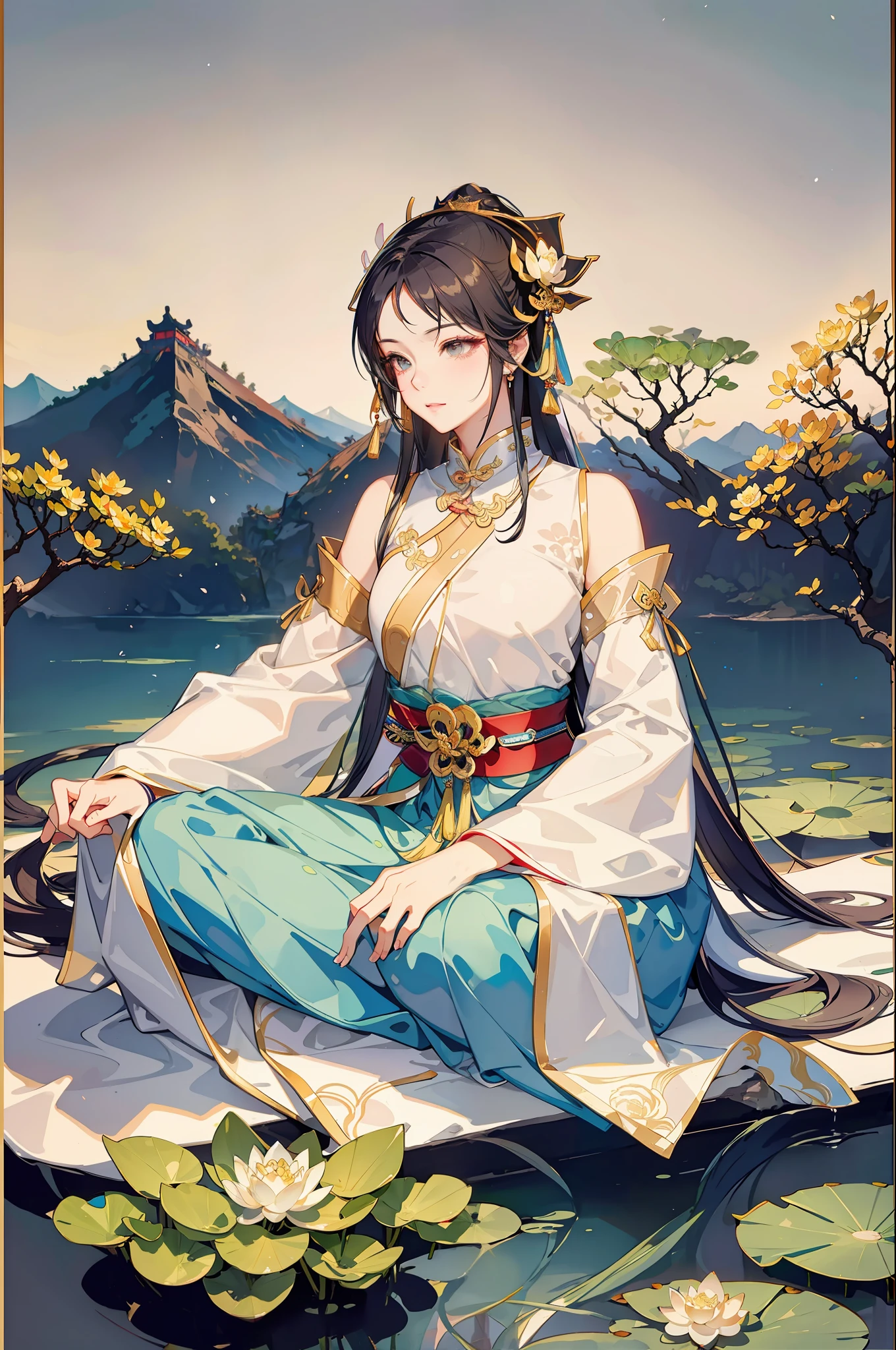 An ancient Chinese beauty sitting on a stone, wearing ancient Chinese clothing, flowing tulle, light silk, lazy posture, large lotus leaf, lotus, ink painting style, clean color, decisive cutting, blank, freehand, masterpiece, super detailed, epic composition, high quality, the highest quality, 4k --v 6