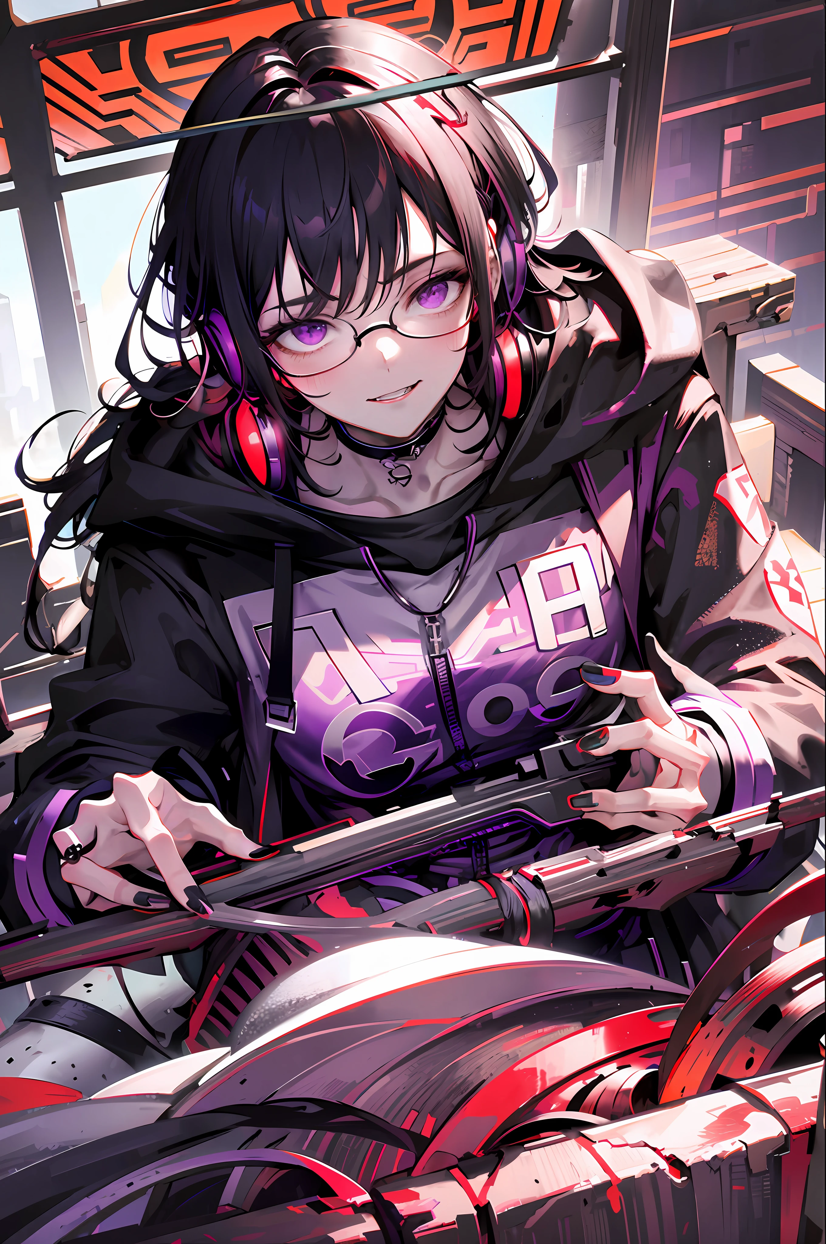 Masterpiece, best quality, colorful,, vampire male, high quality,cyberpunk style, male,wearing round glasses, sci-fi, anime vampire boy, ((white purple Black mixed hair)), half red half purple eyes, wearing round glasses, silver cross necklace, black rings, fangs, smile, wearing a big cybercoatwith different lighting in it , long big cybernetic scythe, outside, cyberpunk city, red black purple lighting (face focus close up:1.2), detailed headphones with neon ears

All in view

Depth of field, high resolution, extreme intricate details, dramatic shadows, global illumination