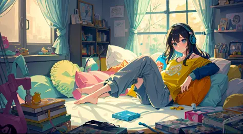 masterpiece, best quality, ultra-detailed, illustration, 2girls, sitting, playful, gaming, messy room, teenage, 15 years old, li...