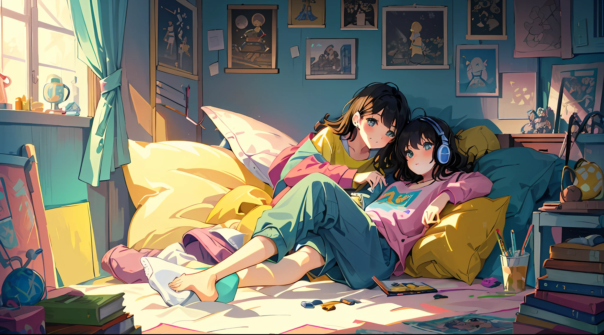 masterpiece, best quality, ultra-detailed, illustration, 2girls, sitting, playful, gaming, messy room, teenage, 15 years old, lighthearted, cozy, relaxed, cheerful, fondness, love, friendship, cute, touching, computer game, controllers, smiles, joy, laughter, comfortable, slippers, pajamas, messy hair, tousled, disarray, cluttered, toys, posters, pillows, blankets, lamp, desk, chair, cozy atmosphere, night lighting, bright colors, soft pastels, flowers, plants, books, headphones, snacks, soda, energy drinks, manga, novels, plushies, figurines, posters, pictures, posters, wall scrolls, stickers, decorations, bed, blankets, pillows, stuffed animals, cozy blankets, warm blankets, comfortable clothes, casual attire, leisure wear, sweatshirt, sweatpants, shorts, t-shirt, tank top, socks,