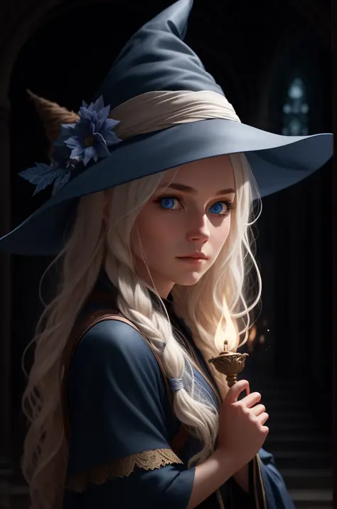 award winning character concept art of, a cute magical witch, blue eyes, blonde hair, blurry_background,  witch hat, natural lighting, lips, looking_at_viewer, solo, from side, highly detailed 8k character concept portrait studio lighting by Annie Leibovit...