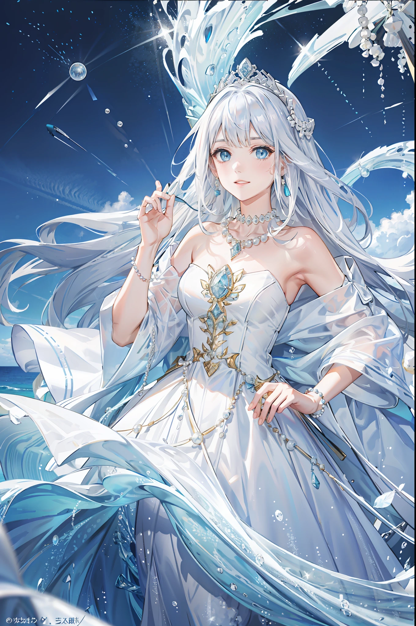 ((Best picture quality, best, girl), (dress, white crown, necklace, pearls, accessories AND intricate details strapless), (one person, ocean, waves, sea, fish, boat#on board), ((blue Color: 1.3, sea blue, long hair, blue eyes): 1.2), headgear: 1.2, neon mystery, fantasy: 0.8, [movie lens, strong light and shadow: 1.2, glow effect])]