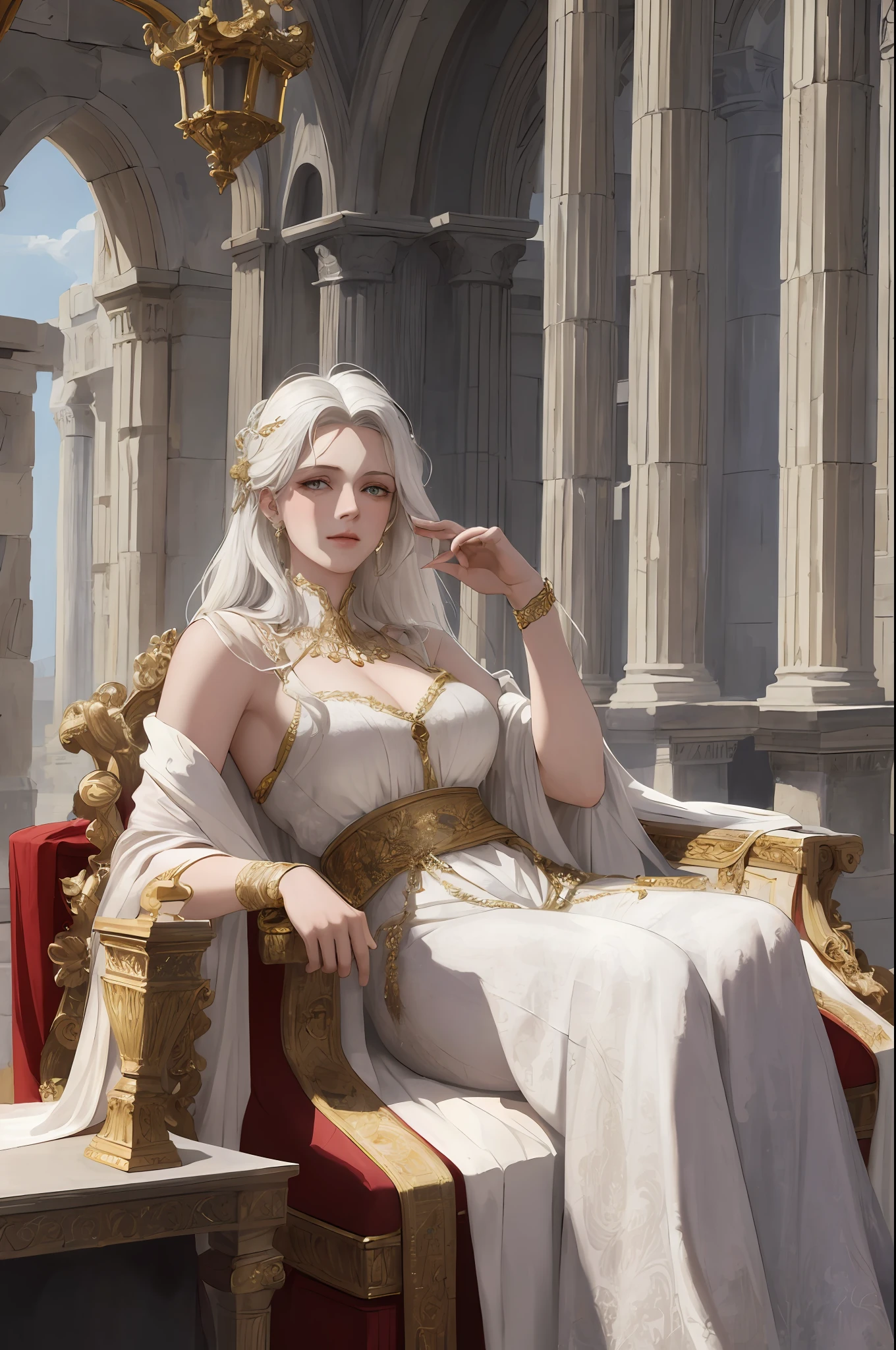 ((masterpiece)), ((best quality)), ((ultra-detailed)), illustration, ancient Greece, a woman with white hair and golden pupils dressed as a priestess, wearing a red western classical dress, without any exposure, Wearing a cloak, lying on his side, pious, indifferent, mysterious, with white steeple gothic cathedral in the background, fantasy