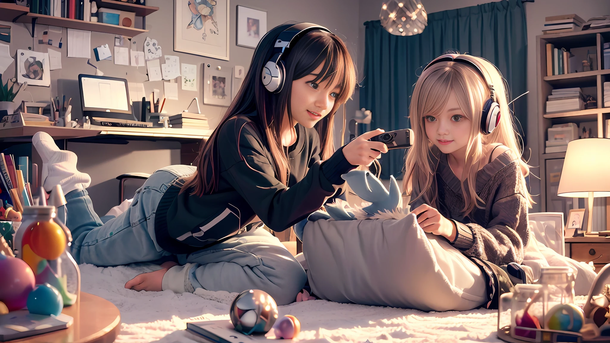 masterpiece, best quality, ultra-detailed, illustration, 2girls, sitting, playful, gaming, messy room, teenage, 15 years old, lighthearted, cozy, relaxed, cheerful, fondness, love, friendship, cute, touching, computer game, controllers, smiles, joy, laughter, comfortable, slippers,ful pajamas, messy hair, tousled, disarray, cluttered, toys, posters, pillows, blankets, lamp, desk, chair, cozy atmosphere, night lighting, bright colors, soft pastels, flowers, plants, books, headphones, snacks, soda, energy drinks, manga, novels, plushies, figurines, posters, pictures, posters, wall scrolls, stickers, decorations, bed, blankets, pillows, stuffed animals, cozy blankets, warm blankets, comfortable clothes, casual attire, leisure wear, sweatshirt, sweatpants, t-shirt, tank top, socks,