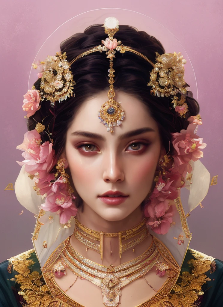 (symmetry:1.1) (portrait of floral:1.05) a cracked white moldy skull as a beautiful goddess, (assassins creed style:0.8), pink and gold and opal color scheme, beautiful intricate filegrid facepaint, intricate, elegant, highly detailed, digital painting, artstation, concept art, smooth, sharp focus, illustration, art by greg rutkowski and alphonse mucha, 8k