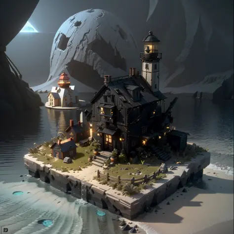 there is a small house on a small island with a lighthouse, stylized 3d render, 3 d render stylized, rolands zilvinskis 3d render art, stylized as a 3d render, polycount contest winner, in the art style of filip hodas, 3 d low poly render, 3d low poly rend...
