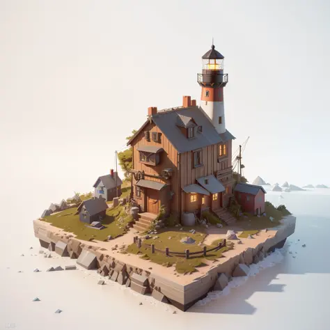 there is a small house on a small island with a lighthouse, stylized 3d render, 3 d render stylized, stylized as a 3d render, rolands zilvinskis 3d render art, polycount contest winner, in the art style of filip hodas, 3 d low poly render, 3d low poly rend...