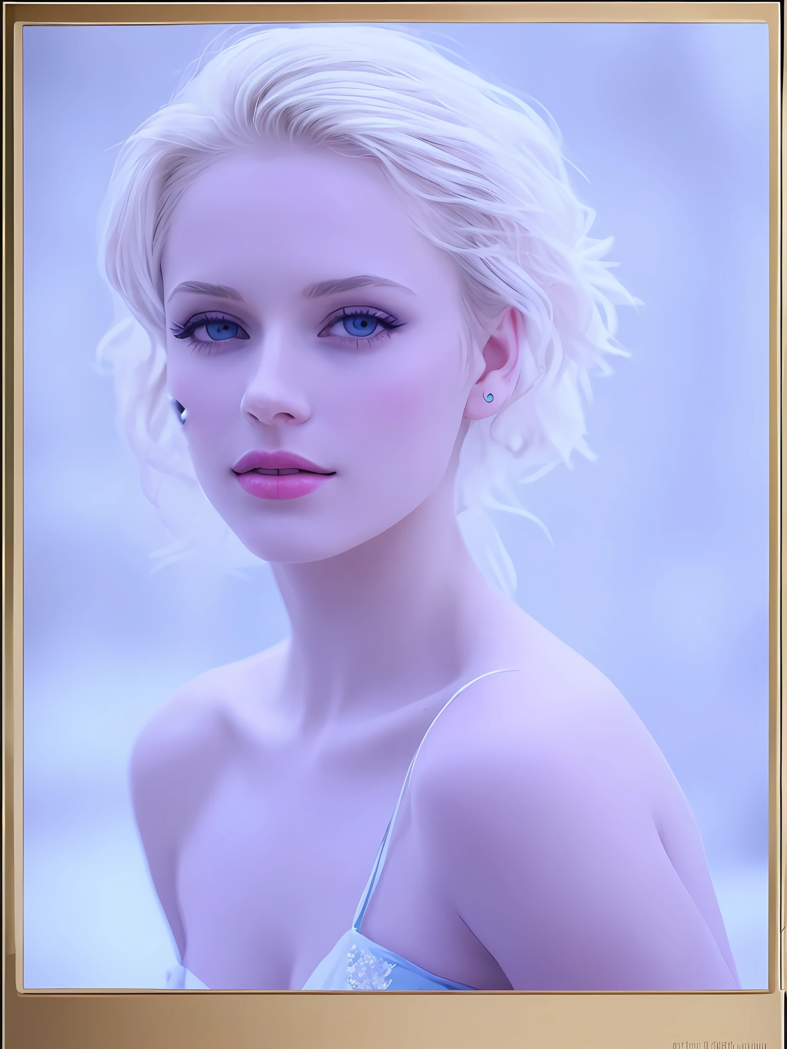 (かわいい金髪の女性:1.2), (青白い肌:1.1), (氷のような雰囲気:1.05), (水色のドレス:1.1), (補う:1.05)