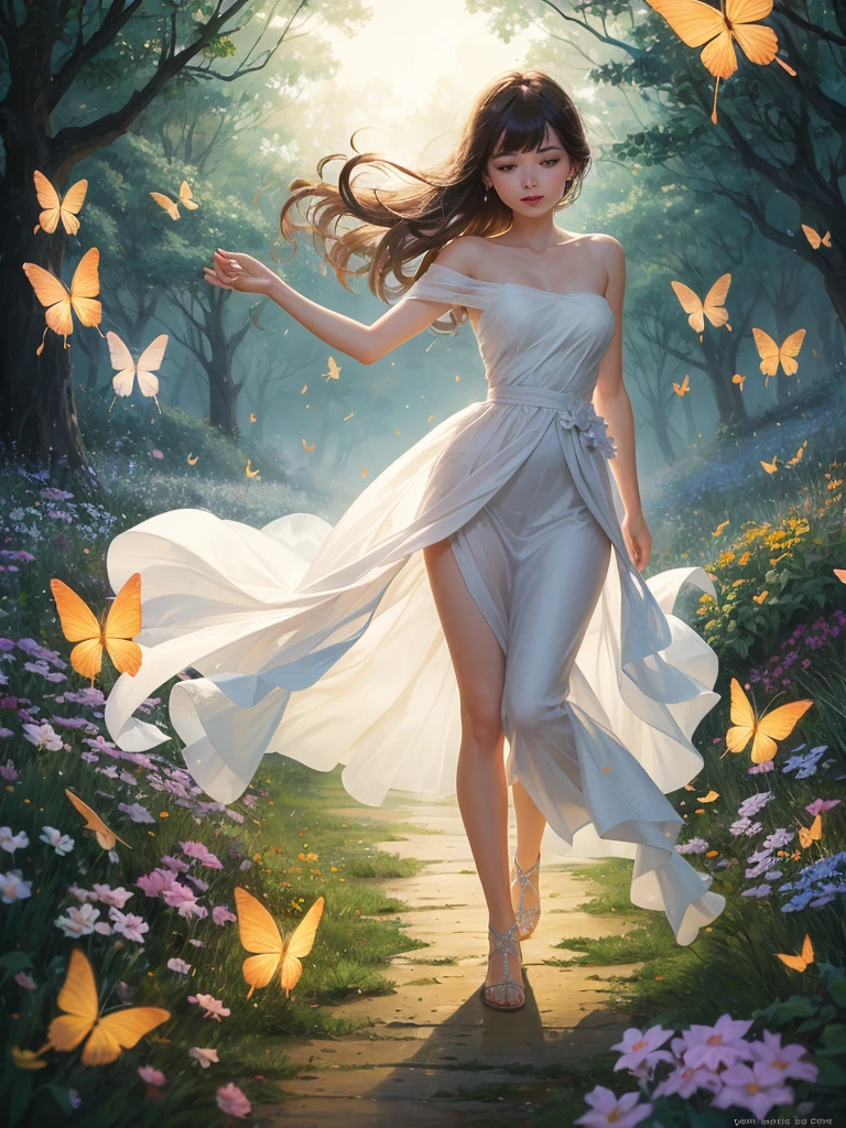 1個女孩, 獨自的, 全身, (傑作:1.21), (最好的品質:1.2), 豐富多彩的, (插圖:1.2), (電影燈光:1.1), (裸露的肩膀:1.21), (鎖骨:1.21)
在這個異想天開、充滿幻想的花園裡, 場景被彩虹照亮 (豐富多彩的 fireflies), 在空中翩翩起舞. 花園被溫柔的裝飾 (細雨), 營造出一種朦朧空靈的氛圍. 在場景的中央, 有一個單身女孩, 极其娇美的女孩, 有著可愛的五官和天真的表情. 她的長髮隨風飄揚. 她穿著無肩帶連身裙, 這是超低切的, 凸顯她精緻的曲線.

燈光非常精緻漂亮, 創造出柔和溫暖的光芒，突顯水的效果, 使其像鑽石一樣閃閃發光. 最細的草也被照亮, 打造出鬱鬱蔥蔥的地毯. The garden is surrounded by 豐富多彩的 flower fields, 各種顏色和形狀的花朵. (七彩蝴蝶), 各種顏色和尺寸, 可以看到在場景周圍飄動, 增加整體的驚奇感與魔幻感. (看看艾觀眾),在她的鼻子上可以看到紅暈, 她的嘴微微張開, 增添了整體的純真與青春感. 可以看到飄落的花瓣在她周圍漂浮, 增添整體的浪漫與美麗感. 現場有微風吹過, 樹葉沙沙作響，花朵搖曳, 增加整體的運動感與生活感. 這是一個純粹的奇蹟和魔法的場景, 充滿色彩和美麗, 觀眾可以沉浸在迷人的世界中.