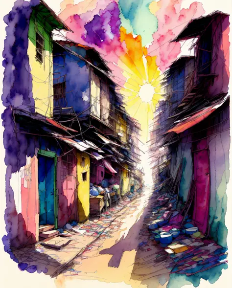 watercolor slum with blur and contour markers, the sun&#39;s rays break through the clouds, fill the light