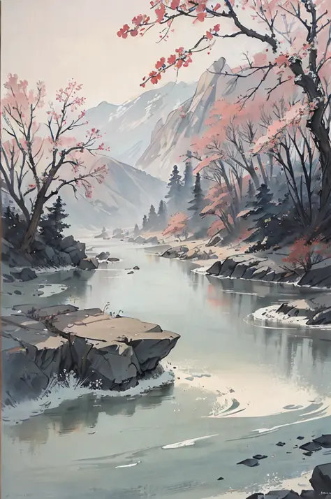 (masterpiece, best quality: 1.2), traditional Chinese ink painting, near a river, SilverWolfV4