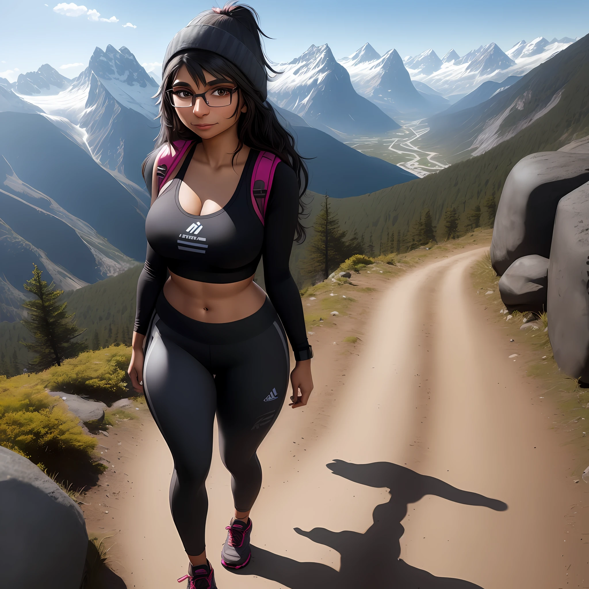 Arafed woman in a sports bra top and leggings walking on a dirt road -  SeaArt AI