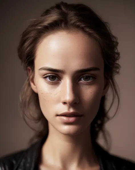 (Cinematic Photo:1.3) of (Realistic:1.3),(Romantic:1.3) a photorealistic portrait of a stunningly beautiful woman without make-up, extremely detailed light hazel eyes, detailed symmetric realistic face, extremely detailed natural texture, peach fuzz, messy...