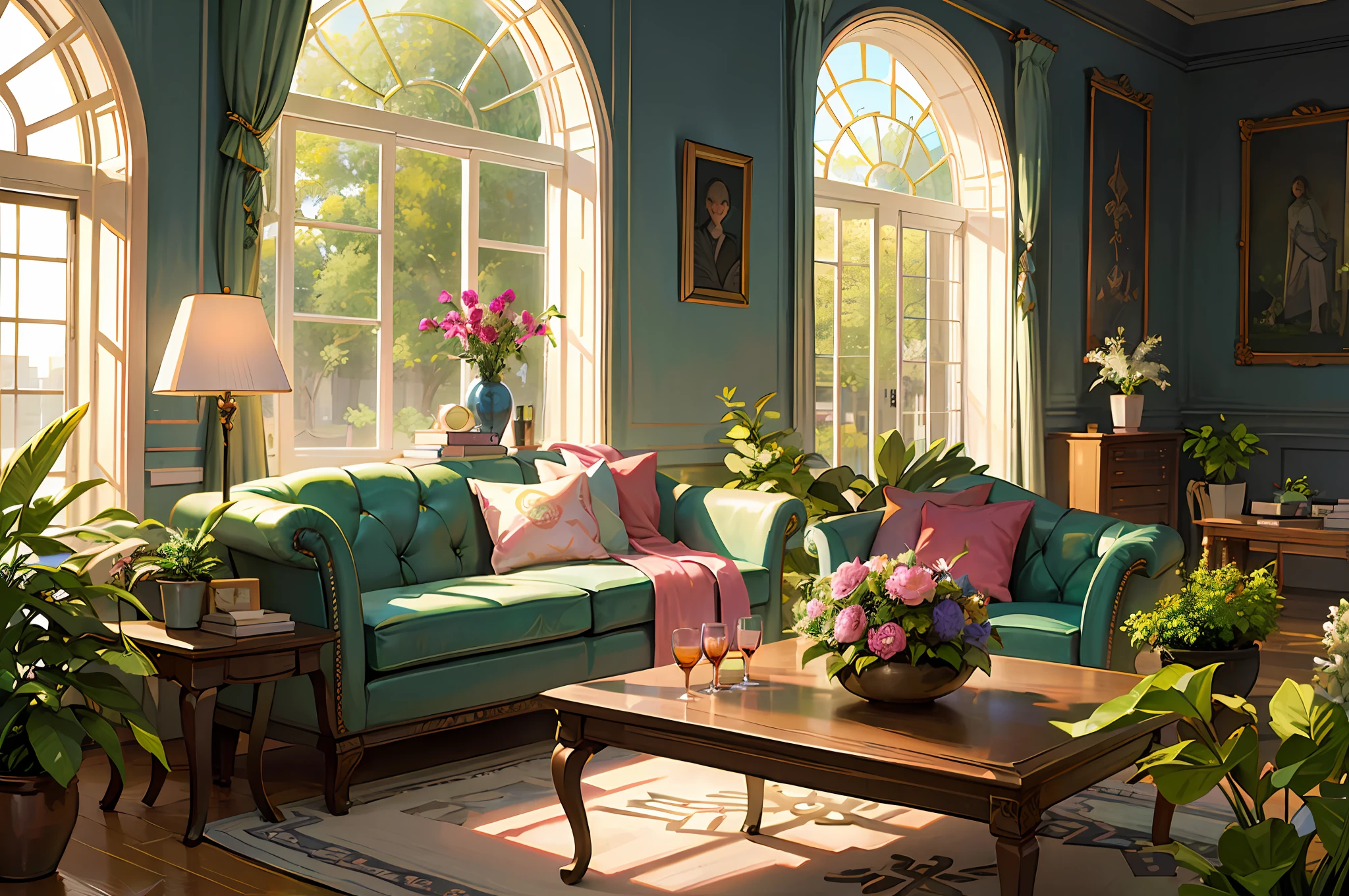 Architectural digest photo of a maximalist green solar living room with lots of flowers and plants, golden light, hyperrealistic surrealism, award winning masterpiece with incredible details, epic stunning pink surrounding and round corners, big windows