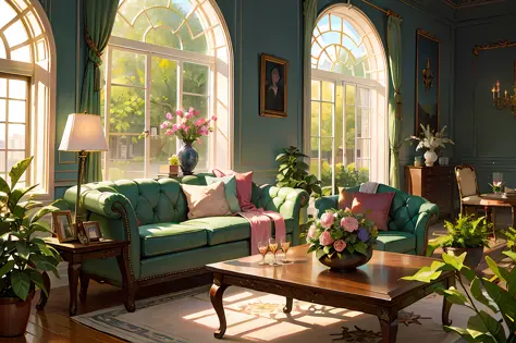 architectural digest photo of a maximalist green solar living room with lots of flowers and plants, golden light, hyperrealistic...