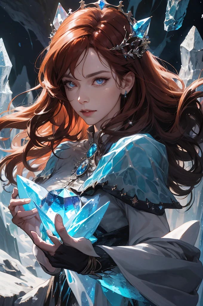 (absurdres, highres, ultra detailed), 1woman, mature female, aged up, wavy long hair, auburn hair, coral eyes, bangs, long sleeves, finely detailed eyes and detailed face, extremely detailed CG unity 8k wallpaper, intricate details, (style-swirlmagic:1.0),  looking at viewer, solo, upper body, detailed background, close up,  detailed face, (gothic dark ages theme:1.1), crystal sorcerer,  dynamic pose, earth themed clothes, crystal crown,  floating in the air, glowing magical shards, surrounded by blue magical crystals,  rock formations, stalactites,  magical floating particles, crystal glass,  crystal sphere, crystal canyon background, (shallow water:0.7),  epic ethereal atmosphere,   updraft,, portrait