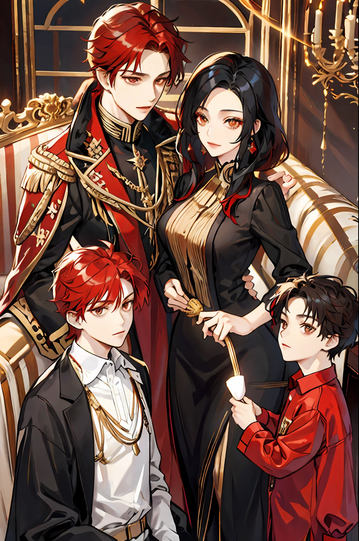royal family, elegant, matching clothing, woman with black hair and brown eyes, man with red hair and golden eyes, teenage son with black hair and golden eyes,  toddler  daughter with red hair and brown eyes