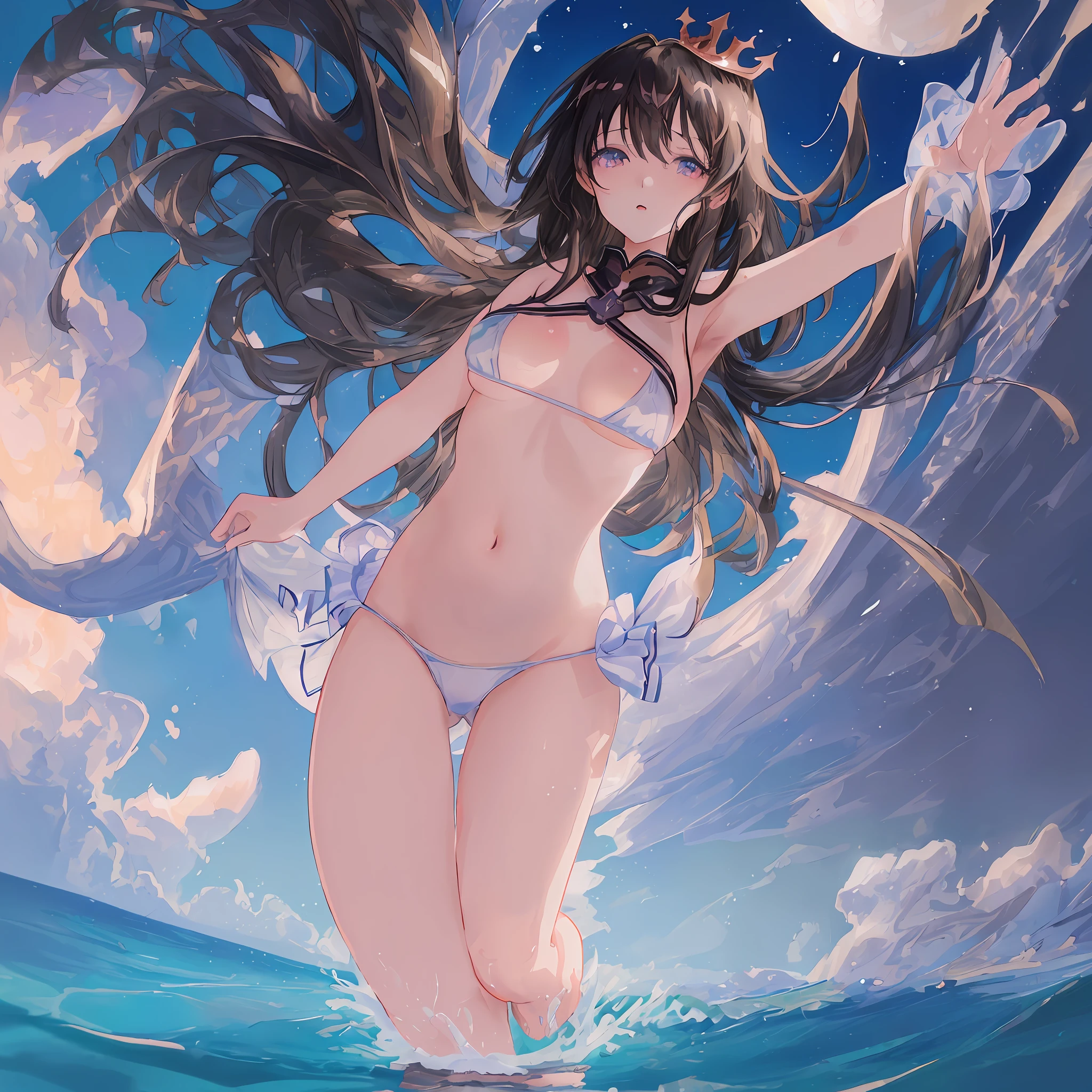 Anime girl in a bikini in the ocean with a moon above her - SeaArt AI