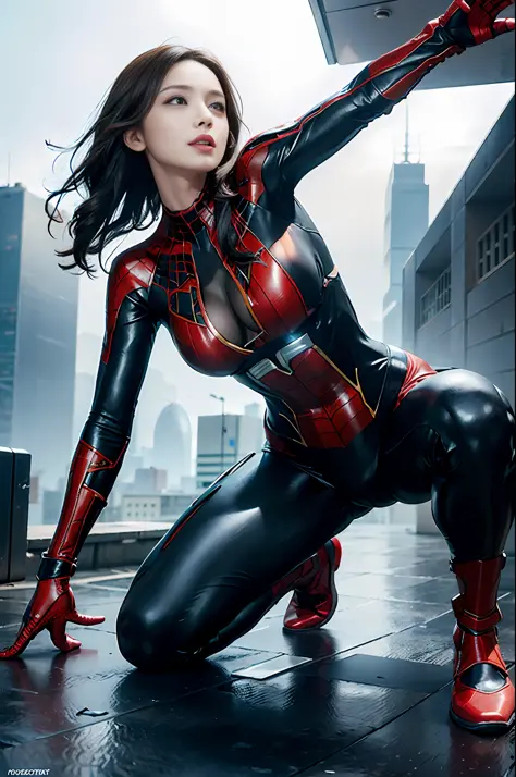 RAW, Masterpiece, Super Fine Photo,, Best Quality, Ultra High Resolution, Photorealistic, Sunlight, Full Body Portrait, Stunningly Beautiful, Dynamic Poses, Delicate Face, Vibrant Eyes, (Side View) , she is wearing a futuristic Iron Lady Spiderman costume, very detailed background, detailed face, detailed and complex busy background, messy, gorgeous, milky, high detailed skin, realistic skin details, visible pores, sharp focus, Volumetric fog, 8k uhd, dslr, high quality, film grain, fair skin, photorealism, lomography, sprawling metropolis in a futuristic dystopia, view from below, translucent
