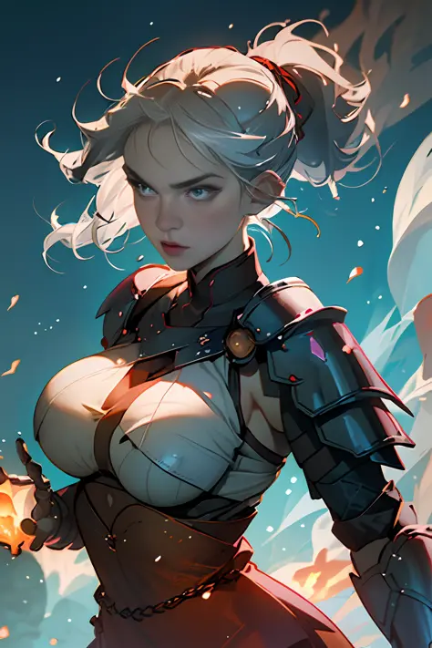 Photo of a hot aunt , highlighted gray hair , samurai shoulder armor, holy soward,(big boobs :1.4) bra, looking at viewer,particle,wind ,flames ,backlighting,rim lighting,upper body,hot pose